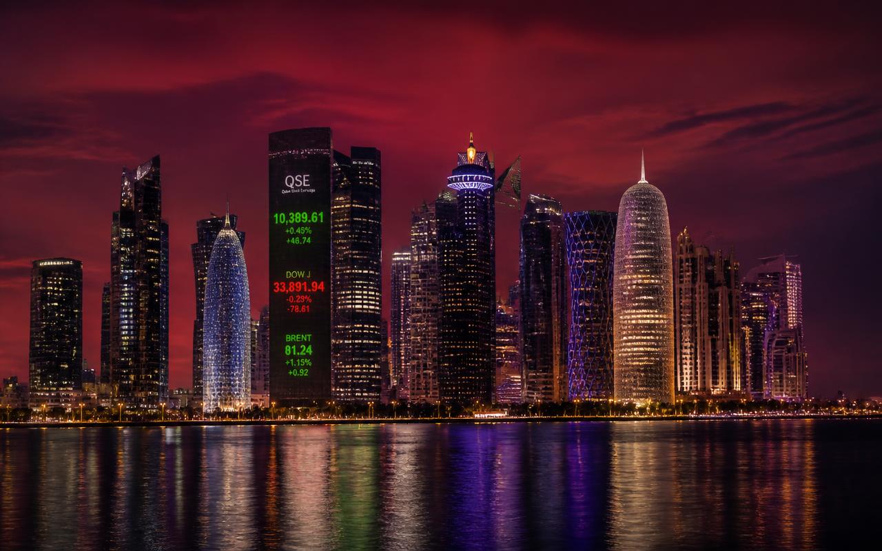 Doha skyline with a financial ticker billboard at dusk